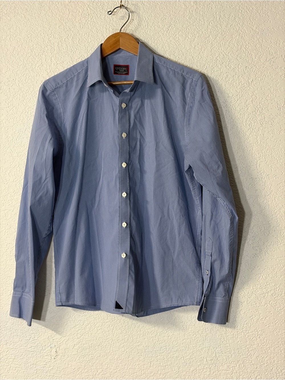 UNTUCKit Men's Classic Micro checkered pattern Blue Dress Shirt Slim Fit